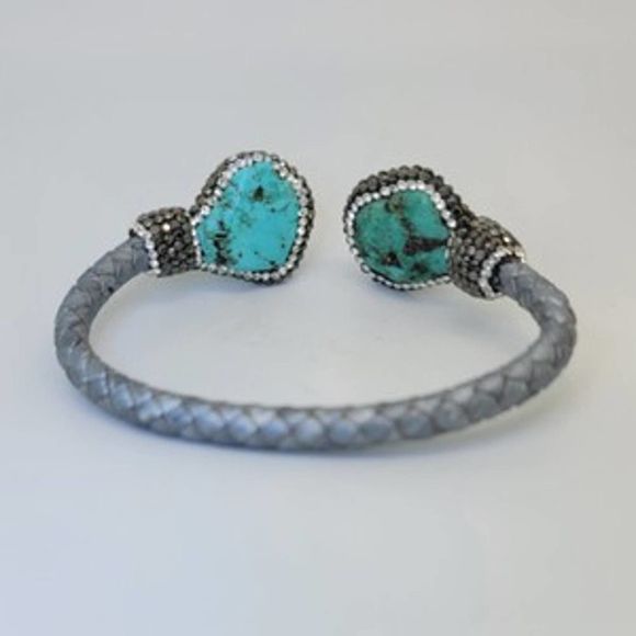 Turquoise & Round Crystal Woven Silver Cord Cuff - Picture 5 of 10
